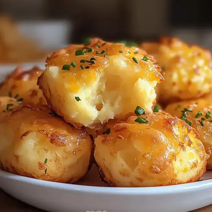 Nahaufnahme von goldbraunen, käsigen Kartoffelbällchen, garniert mit geschnittenem Schnittlauch. Ein aufgebissenes Bällchen zeigt das fluffige Innere.