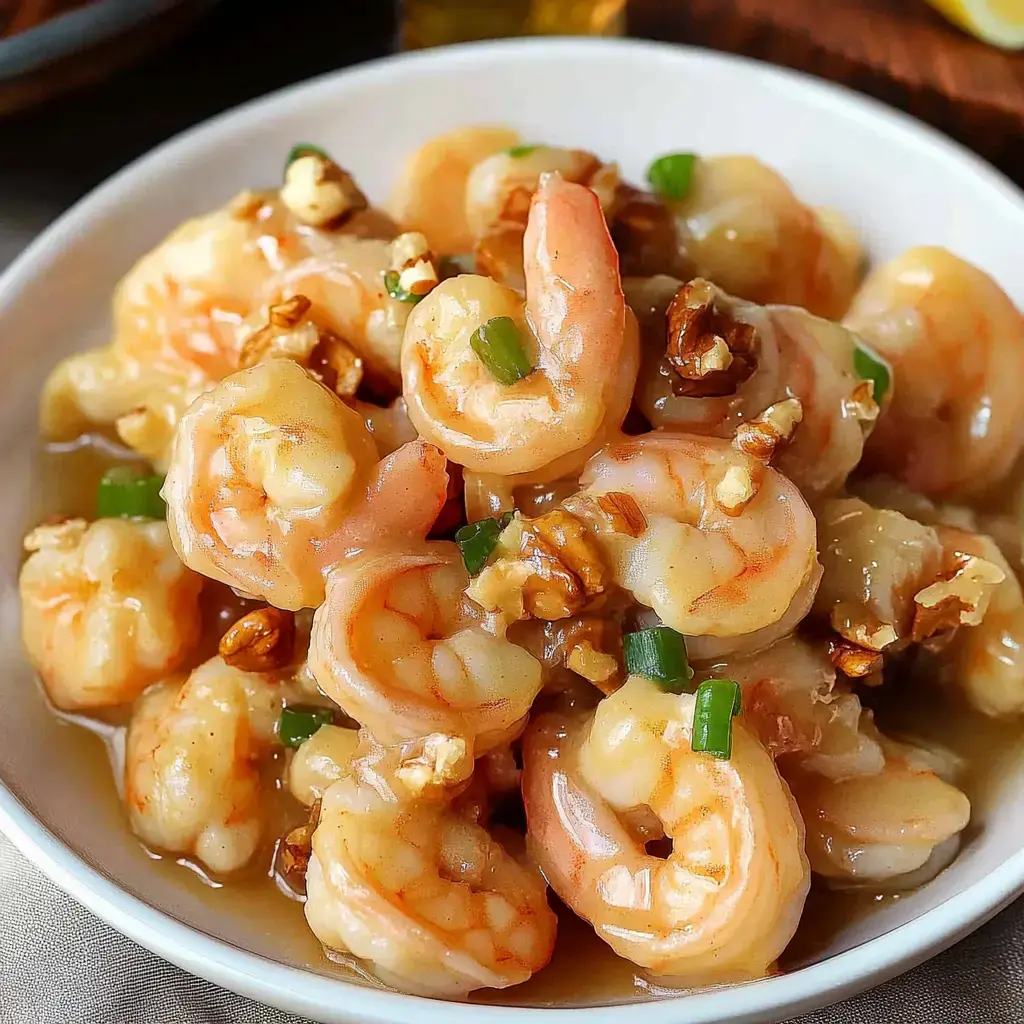 Eine Nahaufnahme einer weißen Schüssel, gefüllt mit Garnelen, garniert mit grünen Zwiebeln und Nüssen in einer herzhaften Sauce.