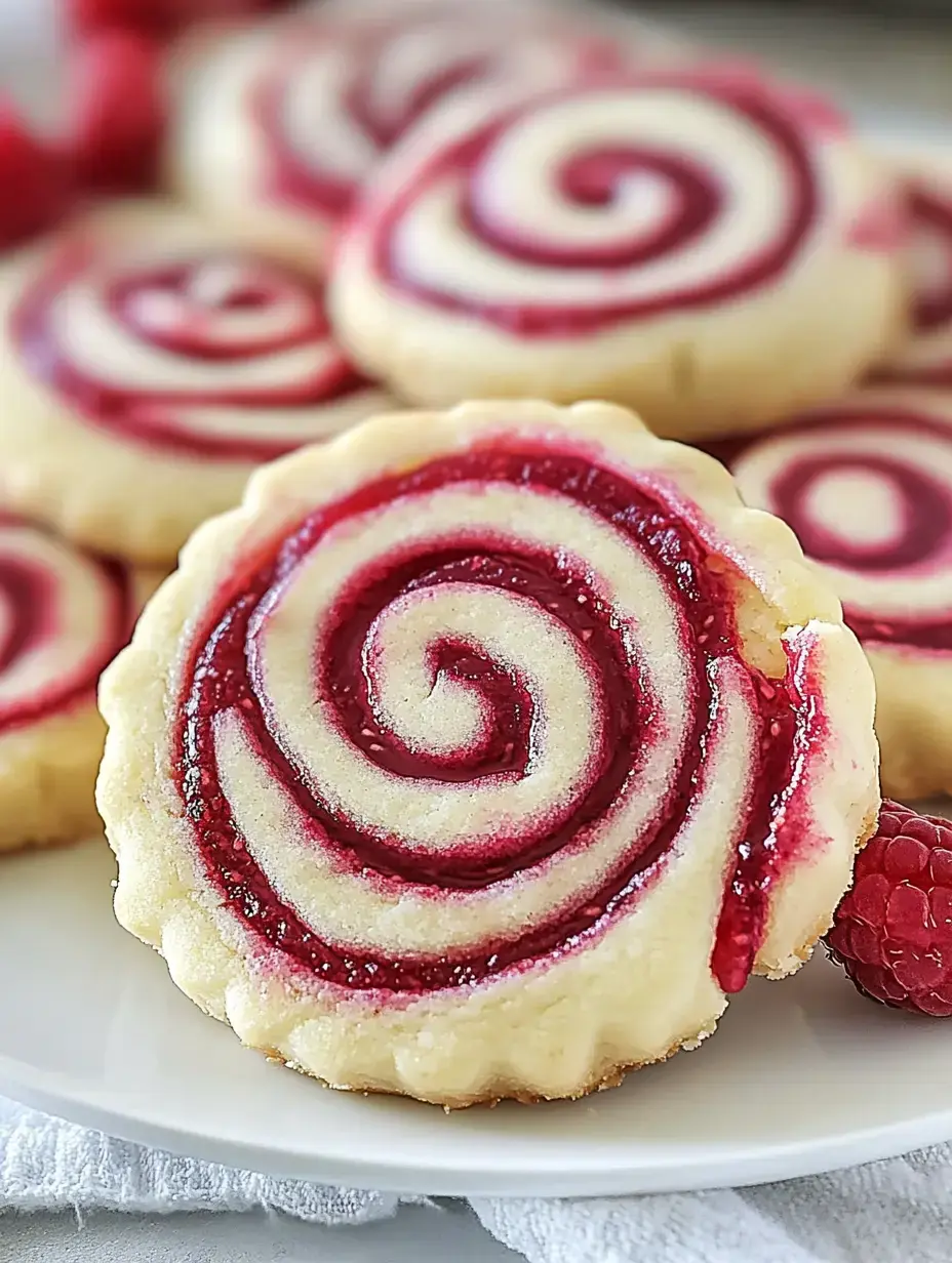 Eine Nahaufnahme eines runden, gewirbelten Kekses mit Himbeerfüllung, umgeben von ähnlichen Keksen und frischen Himbeeren auf einem weißen Teller.