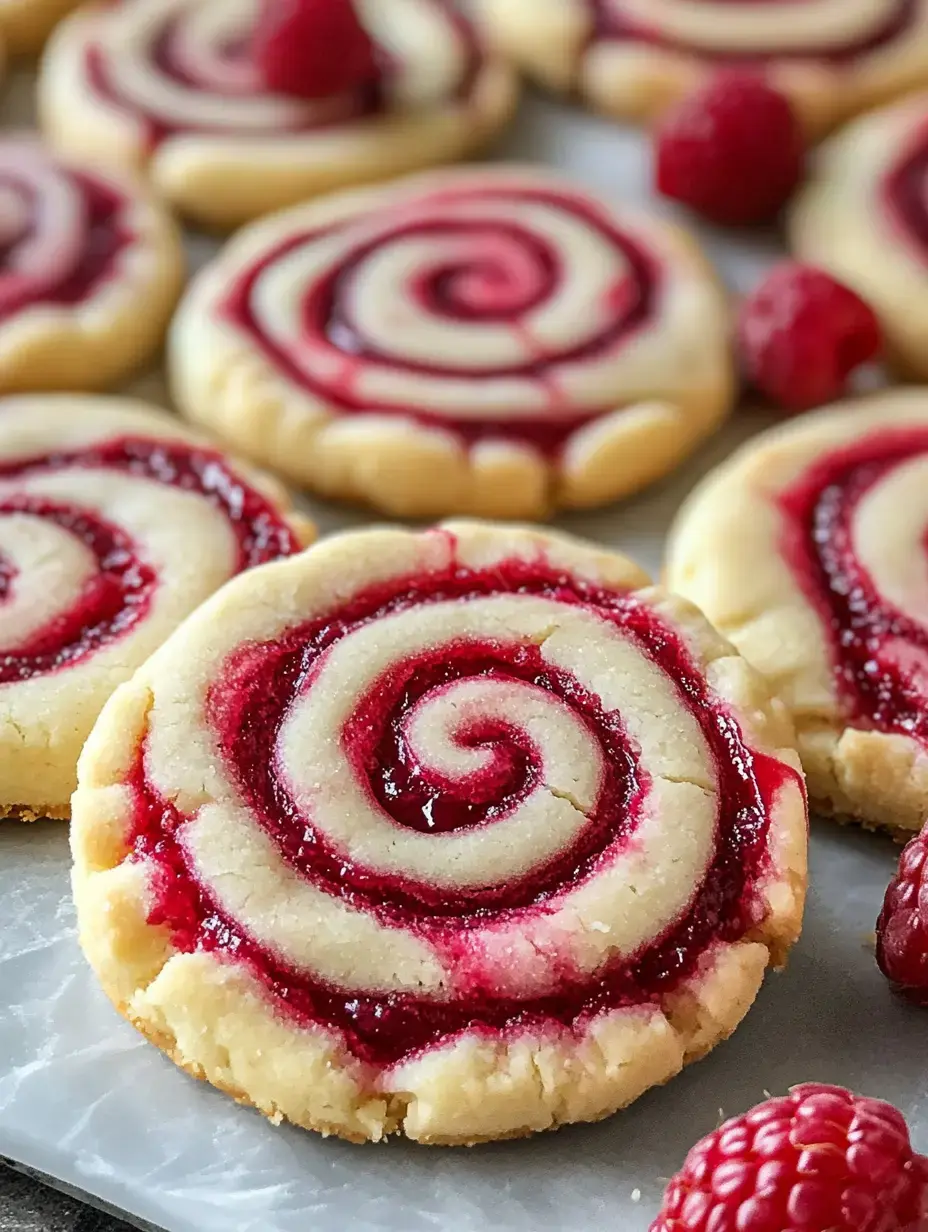 Eine Nahaufnahme von gewirbelten Himbeerkeksen, die auf einer Fläche arrangiert sind, mit frischen Himbeeren rundherum verstreut.