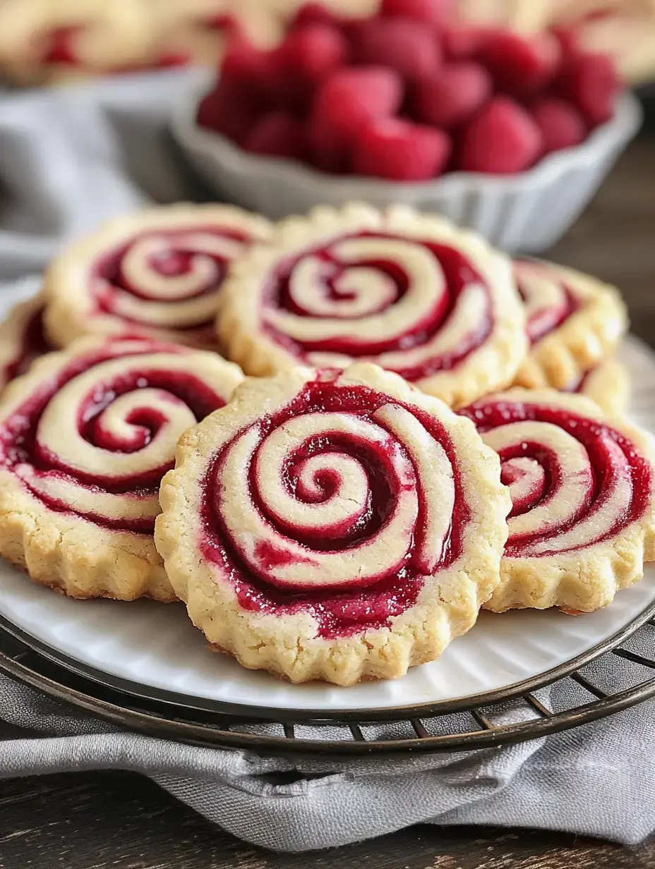Ein Teller mit spiralförmigen, himbeergefüllten Keksen wird präsentiert, mit einer Schale frischer Himbeeren im Hintergrund.