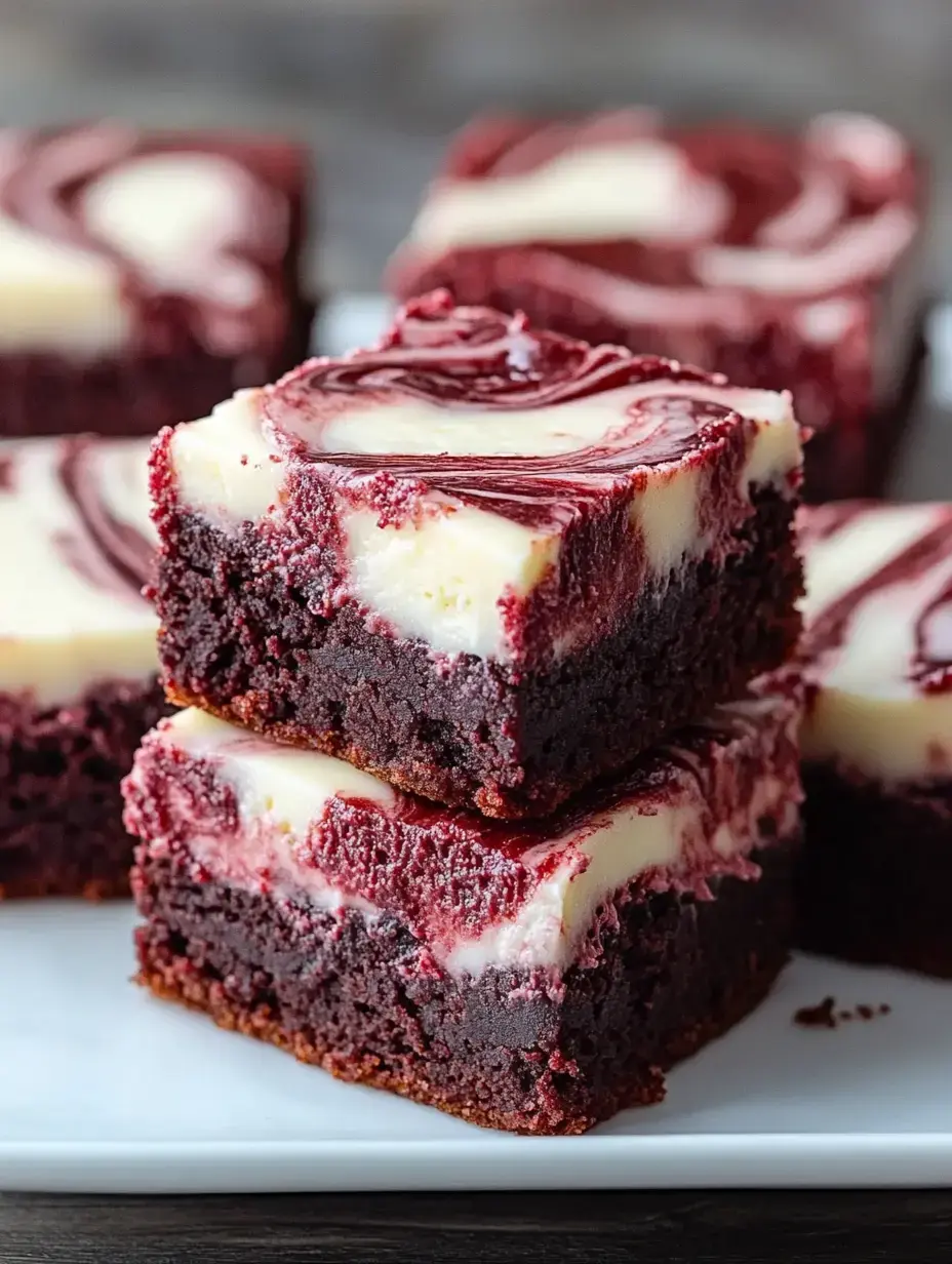 Ein Stapel saftiger roter Samt-Brownies mit Frischkäsewirbel obendrauf auf einem weißen Teller.