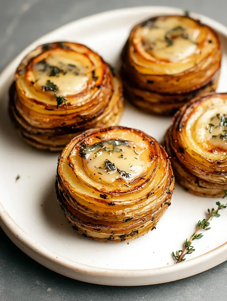 Ein Teller mit kunstvoll geschichteten und karamellisierten Kartoffelscheiben, mit geschmolzener Butter übergossen und frischem Thymian garniert.