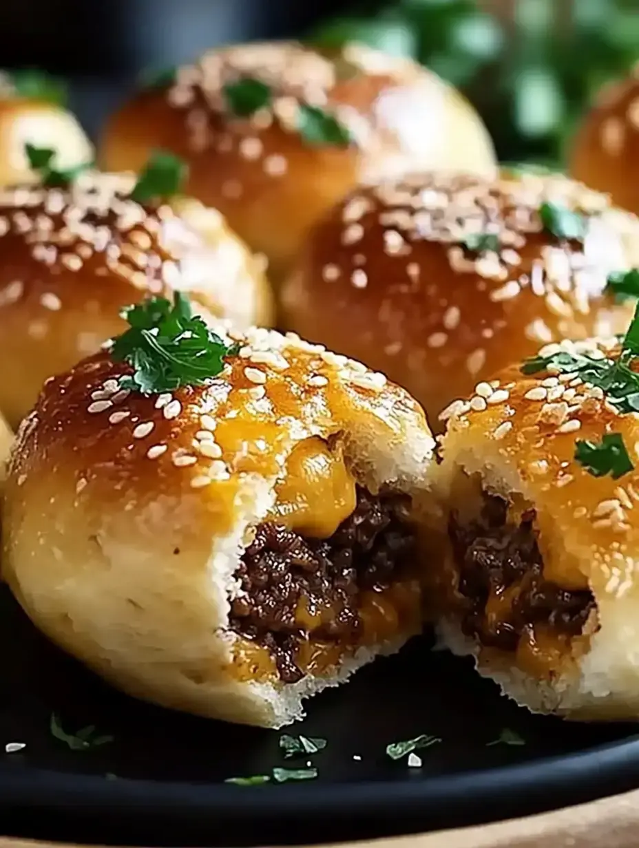 Eine Nahaufnahme von goldenen, mit Sesam bestreuten Brötchen gefüllt mit geschmolzenem Käse und gewürztem Hackfleisch, garniert mit frischer Petersilie.