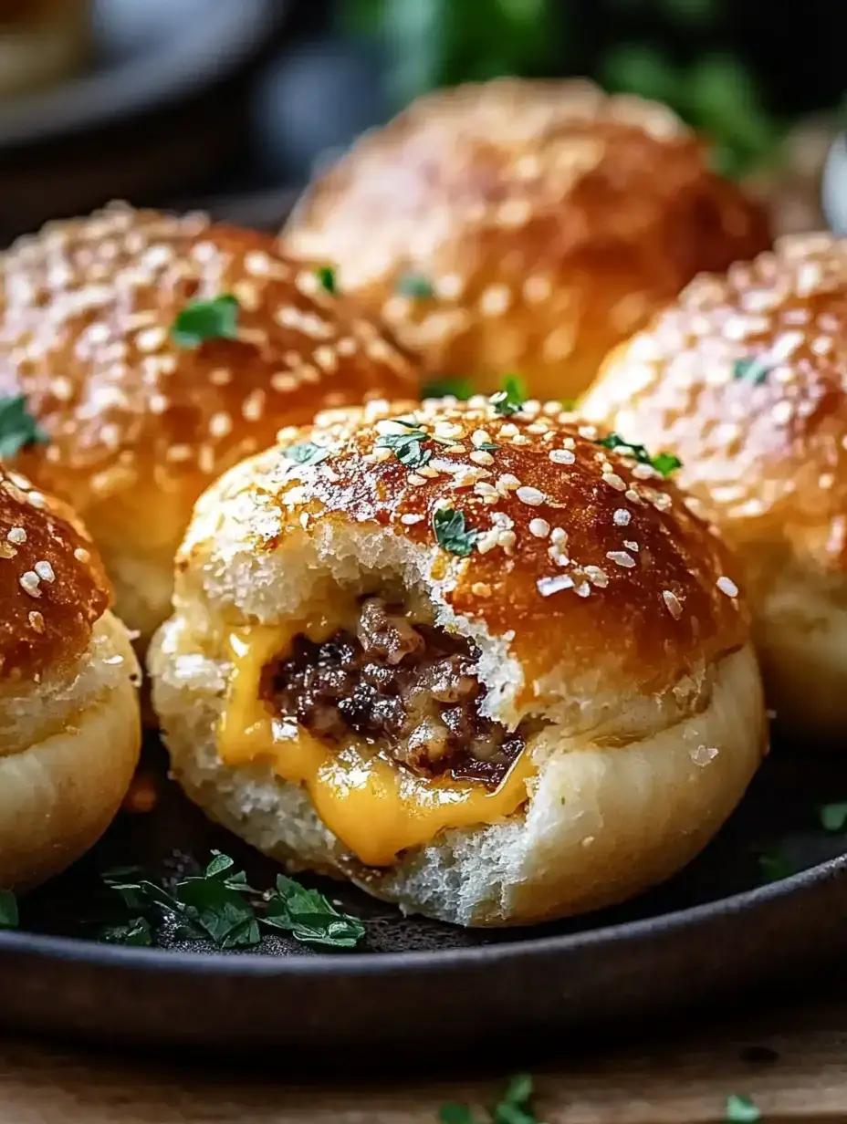 Eine Nahaufnahme von weichen, goldbraunen Brötchen mit Sesam bestreut, ein Brötchen ist halbiert und zeigt geschmolzenen Käse und herzhafte Füllung im Inneren.