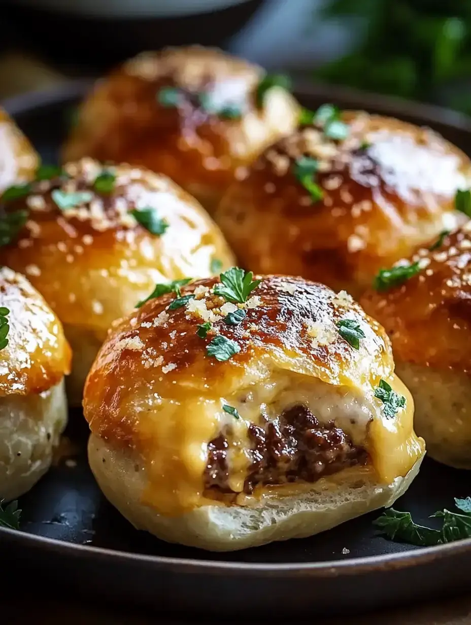 Eine Nahaufnahme von goldenen, käsigen fleischgefüllten Brötchen, garniert mit Petersilie auf einem dunklen Teller.
