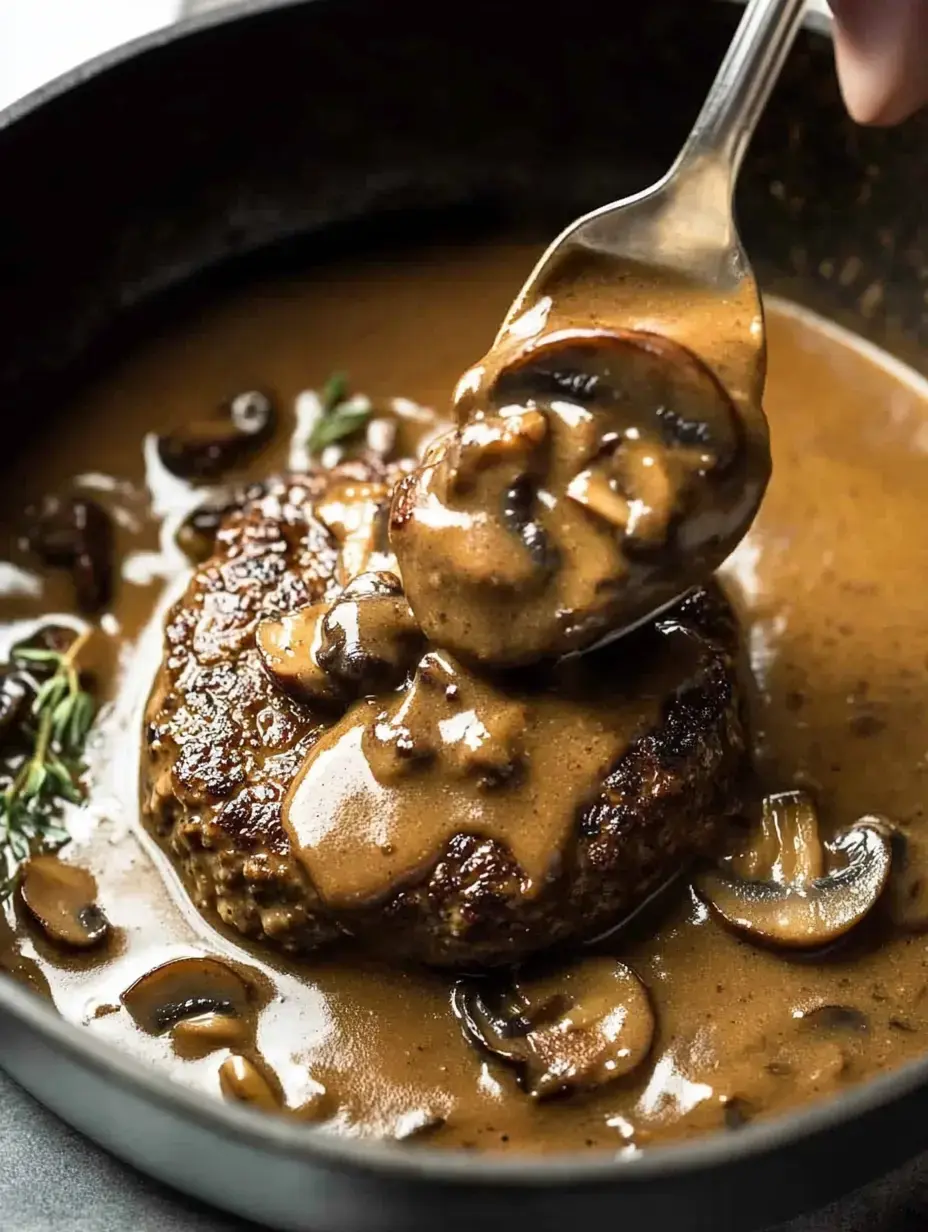 Ein Löffel würzige Pilzsoße wird über einen saftigen Hackfleischbraten in dunkler Soße gegossen.
