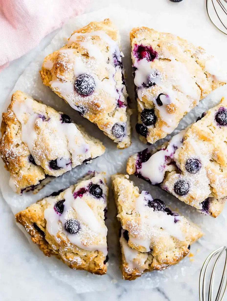 Eine Nahaufnahme von geschnittenen Heidelbeer-Scones mit Zuckerguss, angerichtet auf einer Marmoroberfläche.