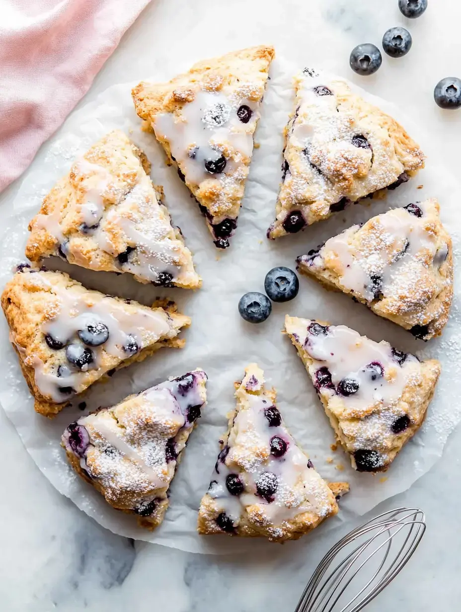 Eine kreisförmige Anordnung von frisch gebackenen Heidelbeer-Scones mit Glasur und Puderzucker, auf weißem Backpapier angerichtet.