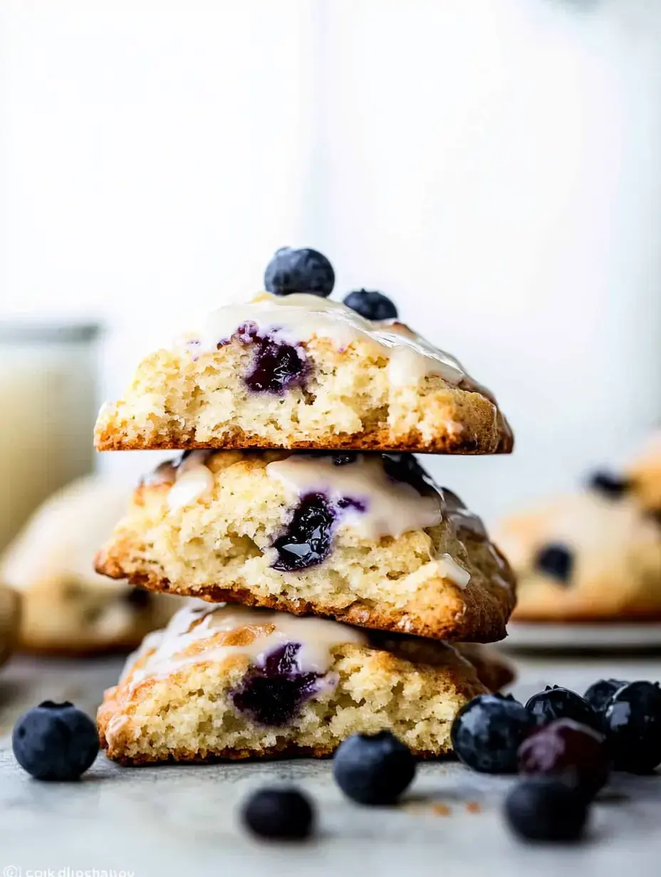 Ein Stapel von drei Heidelbeer-Scones mit Zuckerguss beträufelt und mit frischen Heidelbeeren garniert, umgeben von verstreuten Beeren auf heller Unterlage.