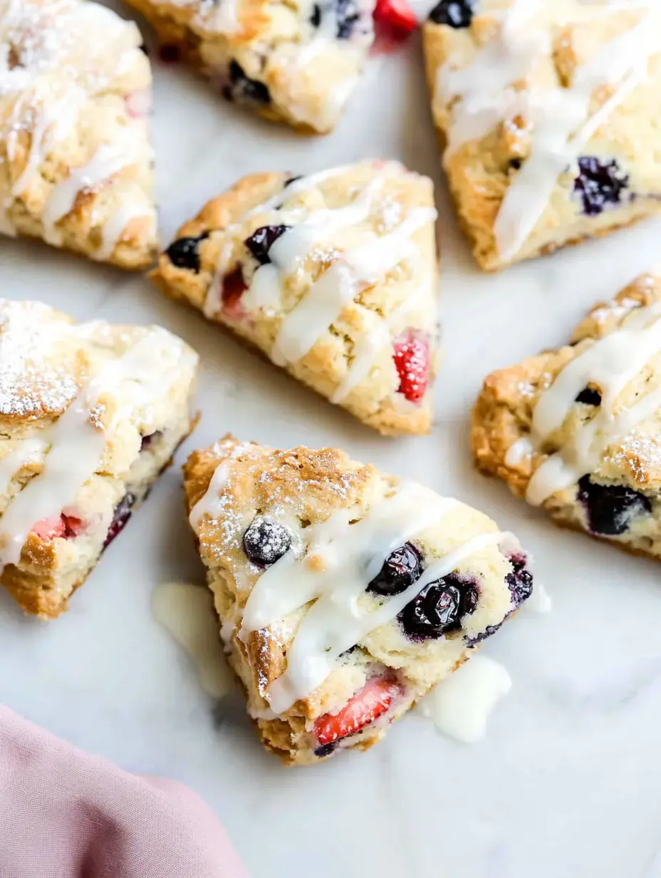 Eine Nahaufnahme von frisch gebackenen Frucht-Scones mit Zuckerguss beträufelt und mit Puderzucker bestreut, auf einer Marmoroberfläche angerichtet.