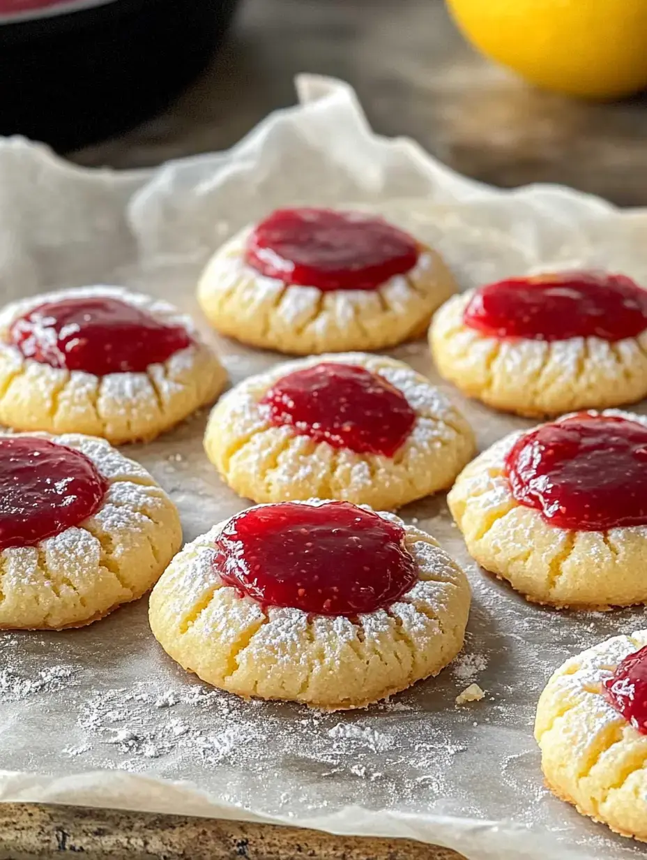 Ein Blech frisch gebackener Kekse mit Puderzucker bestäubt und mit glänzender roter Marmelade gefüllt, auf Backpapier liegend.