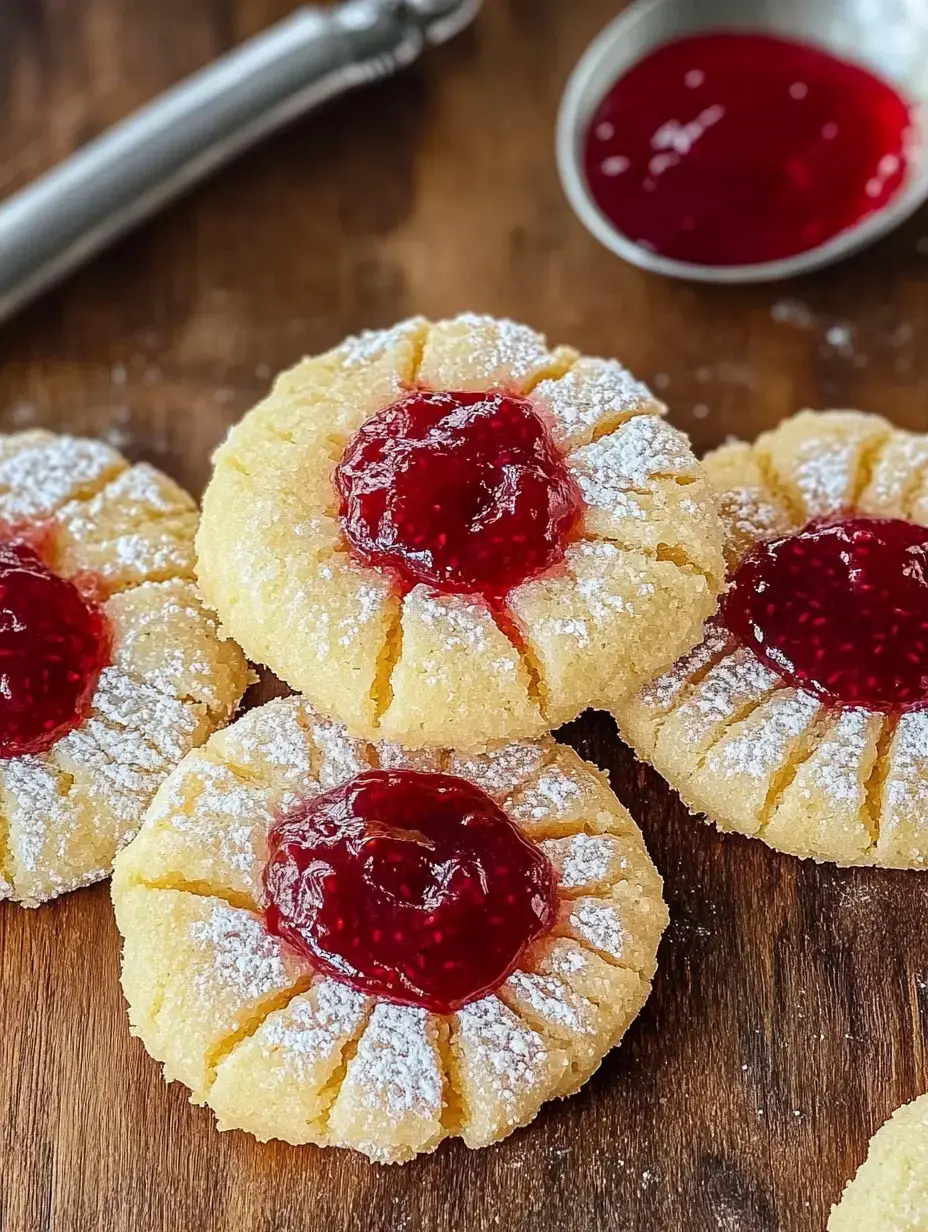 Eine Nahaufnahme von buttrigen Keksen mit roter Marmelade und Puderzucker bestäubt, auf einer Holzoberfläche angeordnet.
