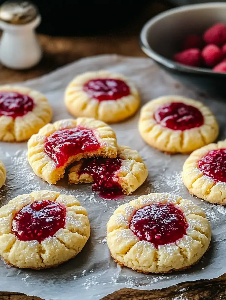 Ein Teller mit Himbeer-Daumenabdruck-Keksen mit Puderzucker bestäubt, wobei ein Keks aufgebrochen ist, um die Fruchtfüllung zu zeigen, daneben eine Schale mit Himbeeren.