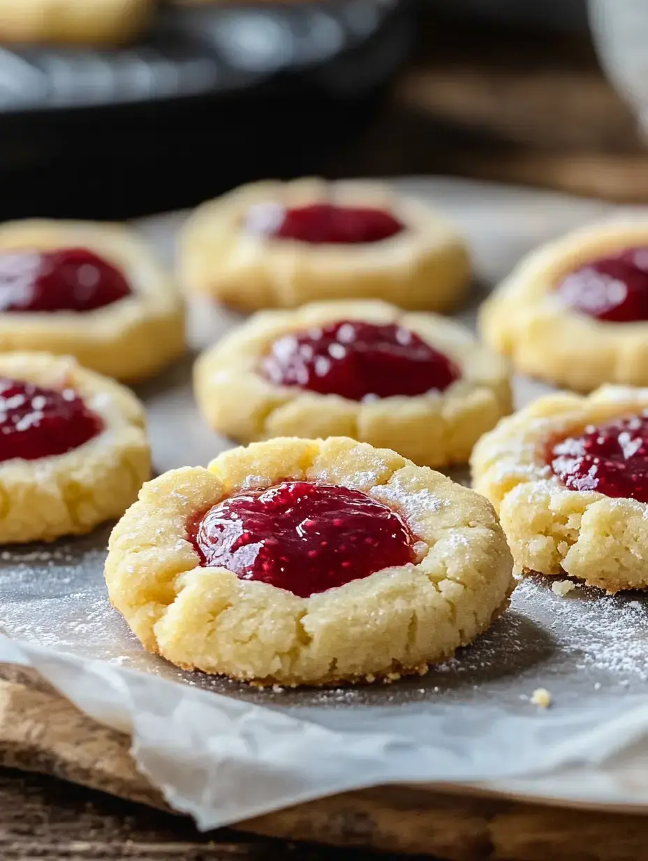 Eine Nahaufnahme von frisch gebackenen Keksen mit roter Marmeladenfüllung, umgeben von einer leichten Puderzuckerschicht.