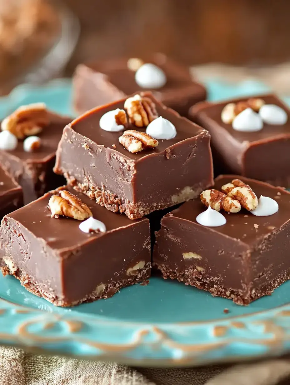 Ein Teller mit Schokoladen-Fudge-Quadraten, garniert mit Pekannüssen und kleinen weißen Zuckerguss-Tupfen.