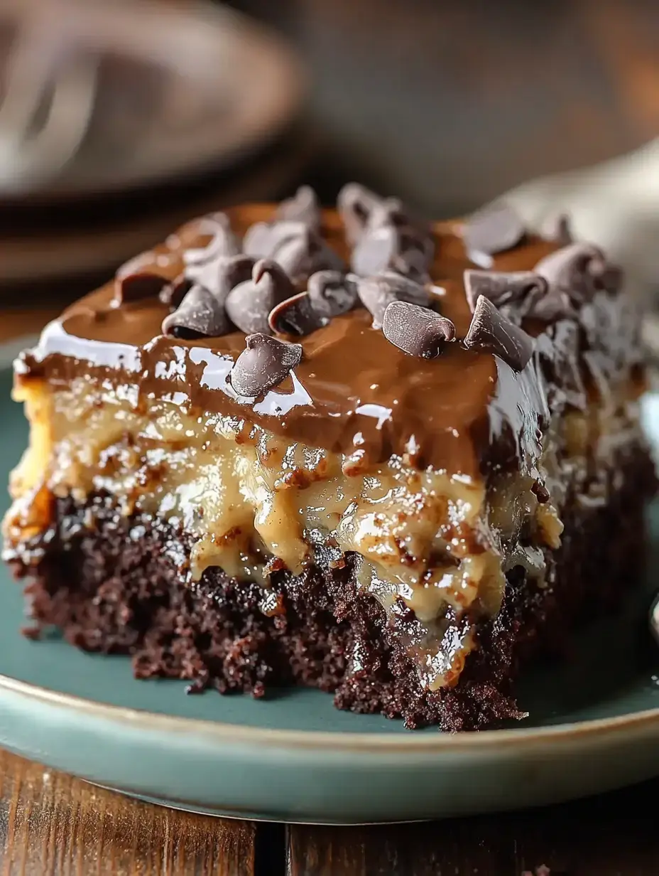 Eine Nahaufnahme eines Stücks Schokoladenkuchen mit einer glänzenden Schicht Schokoladenglasur und Schokoladenstückchen.