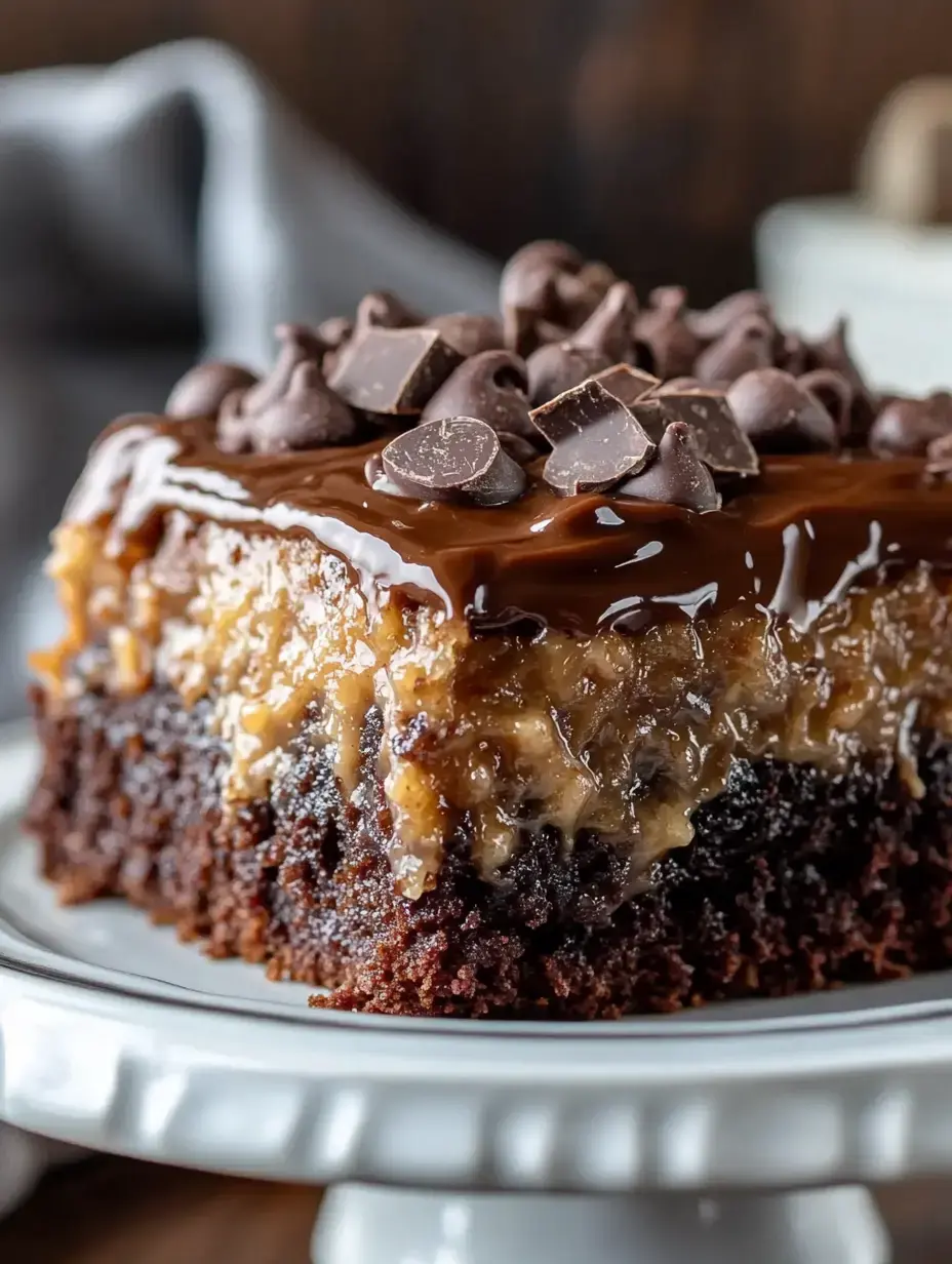 Eine Nahaufnahme eines Schokoladendesserts mit einer glänzenden Schicht Karamell und Schokoladenstückchen.