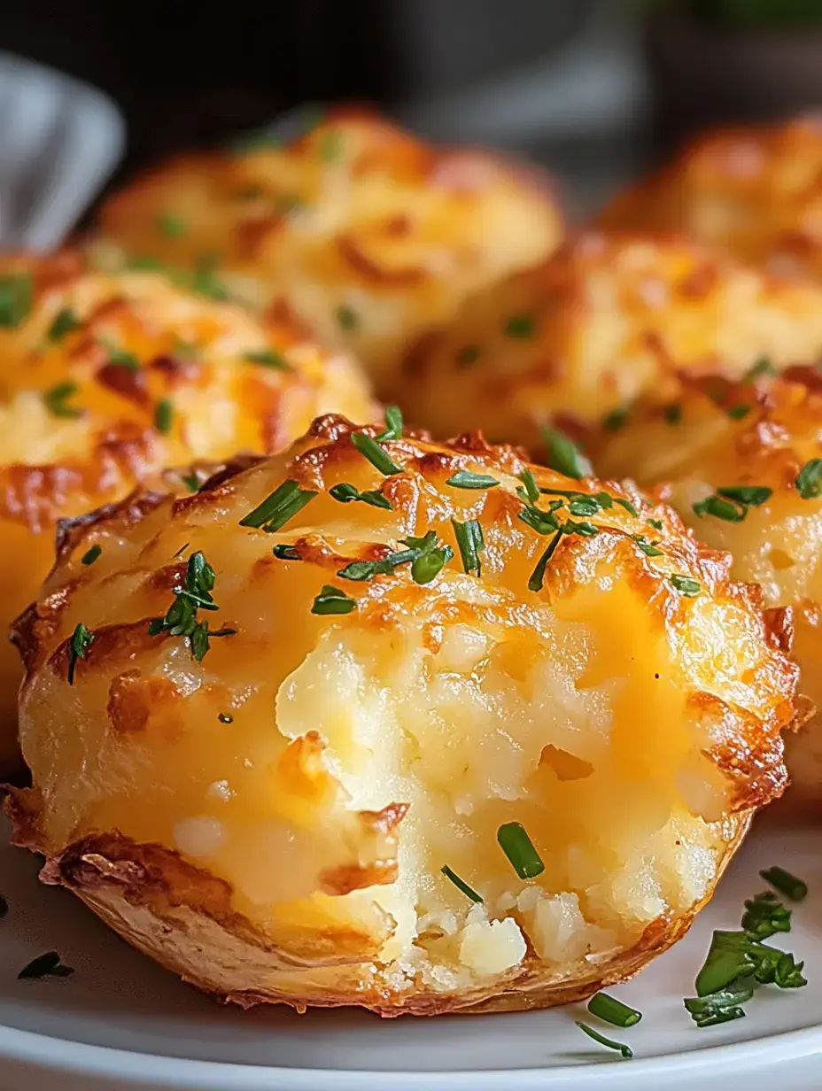 Eine Nahaufnahme von goldbraunen, käsigen Kartoffelmuffins mit gehacktem Schnittlauch auf einem weißen Teller.
