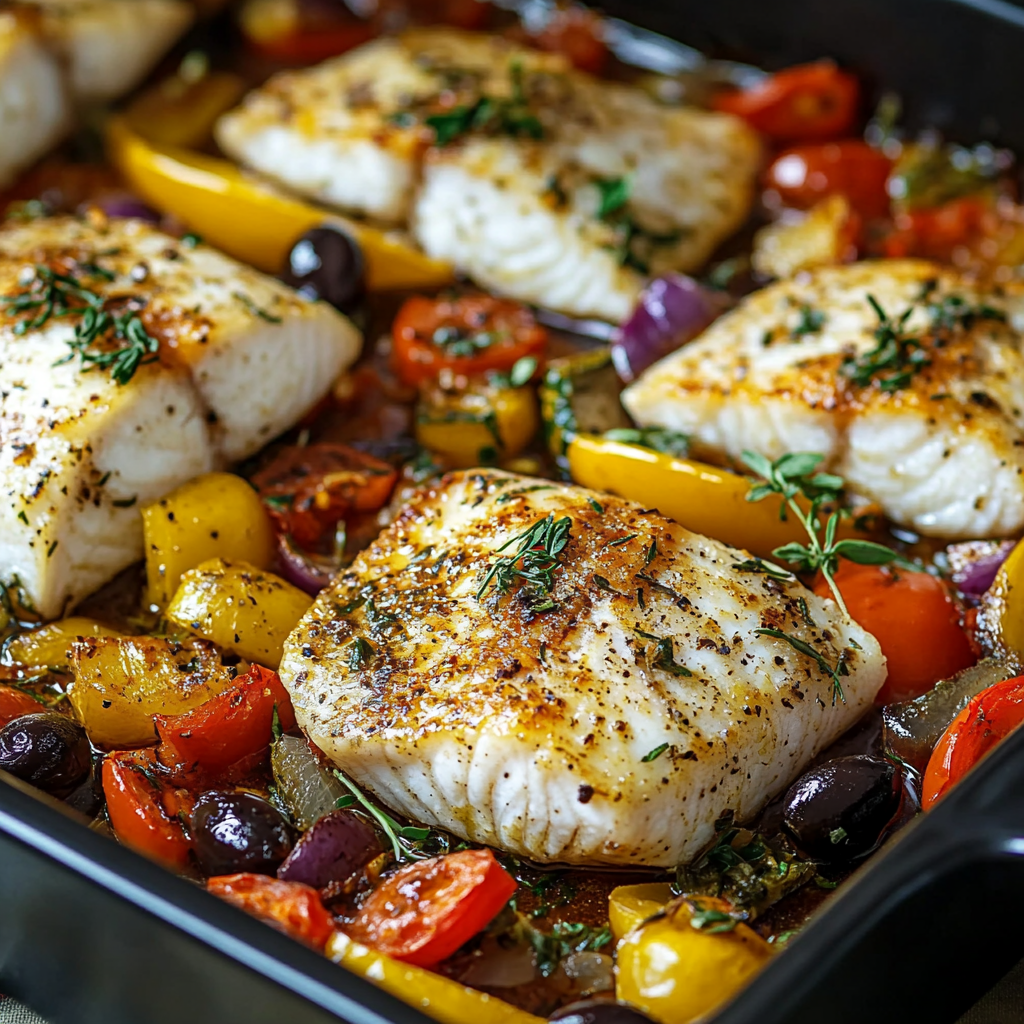 Mediterrane gebackene Fischfilets mit Gemüse