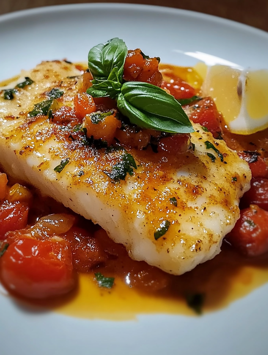 Fried Mediterranean cod in tomato and basil sauce