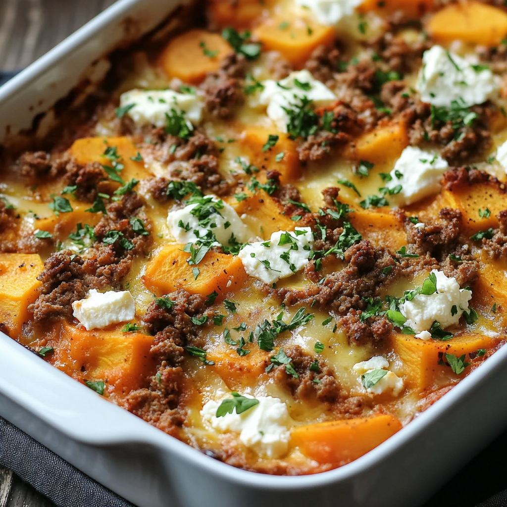 Süßkartoffel-Hackfleisch-Auflauf mit Feta Rezept