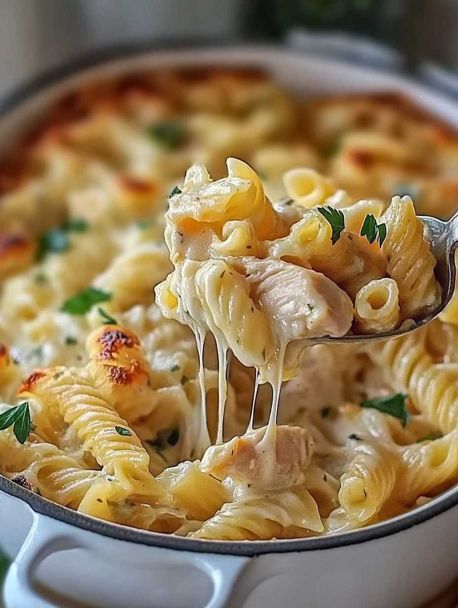 Knuspriger Pasta-Hähnchen-Auflauf mit Knoblauch und Parmesan