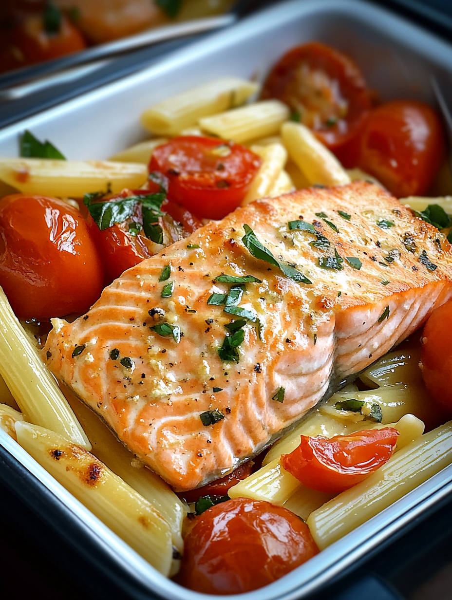 Im Ofen gebackene Lachs-Pasta mit Tomaten