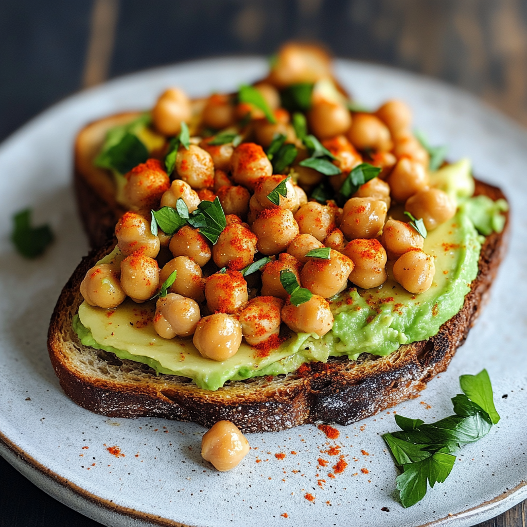 A sandwich with chickpeas and avocado on a plate.