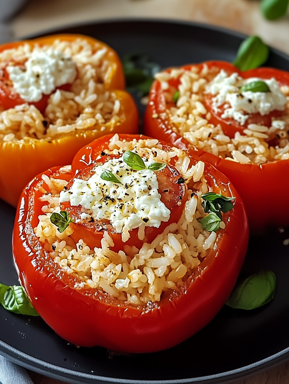 Gefüllte Ofenpaprika mit Reis und Feta Rezept