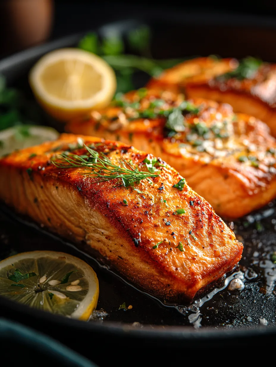 Eine Pfanne Fisch mit Zitronenscheiben obendrauf.