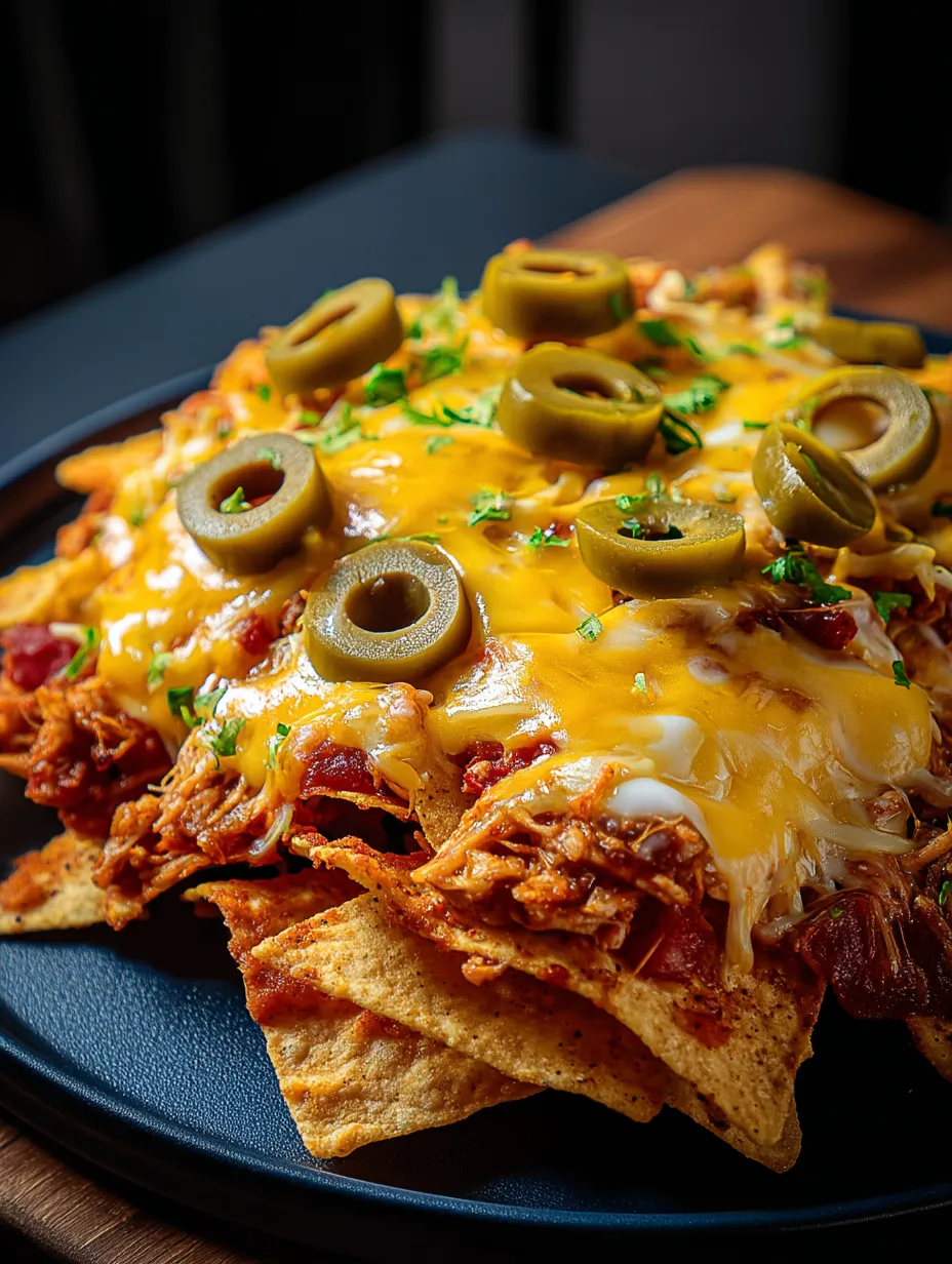 Ein Teller Nachos mit Oliven obendrauf.