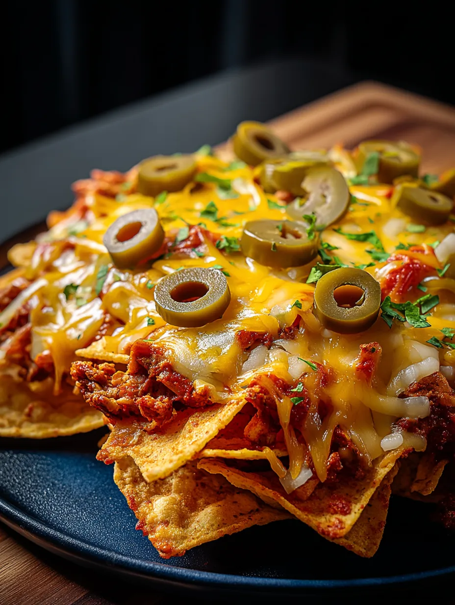 Ein Teller Nachos mit Oliven obendrauf.