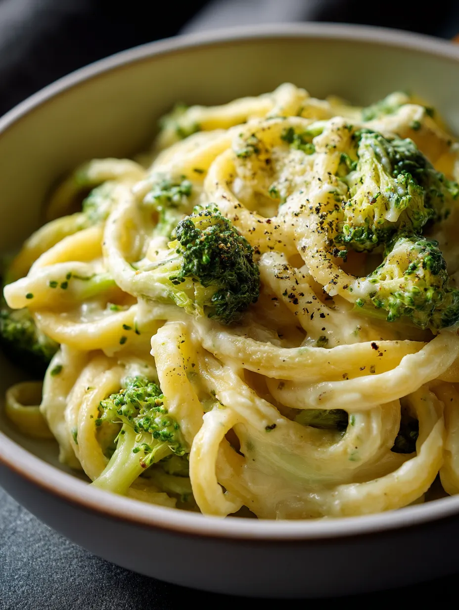 Eine Schüssel Pasta mit Brokkoli.