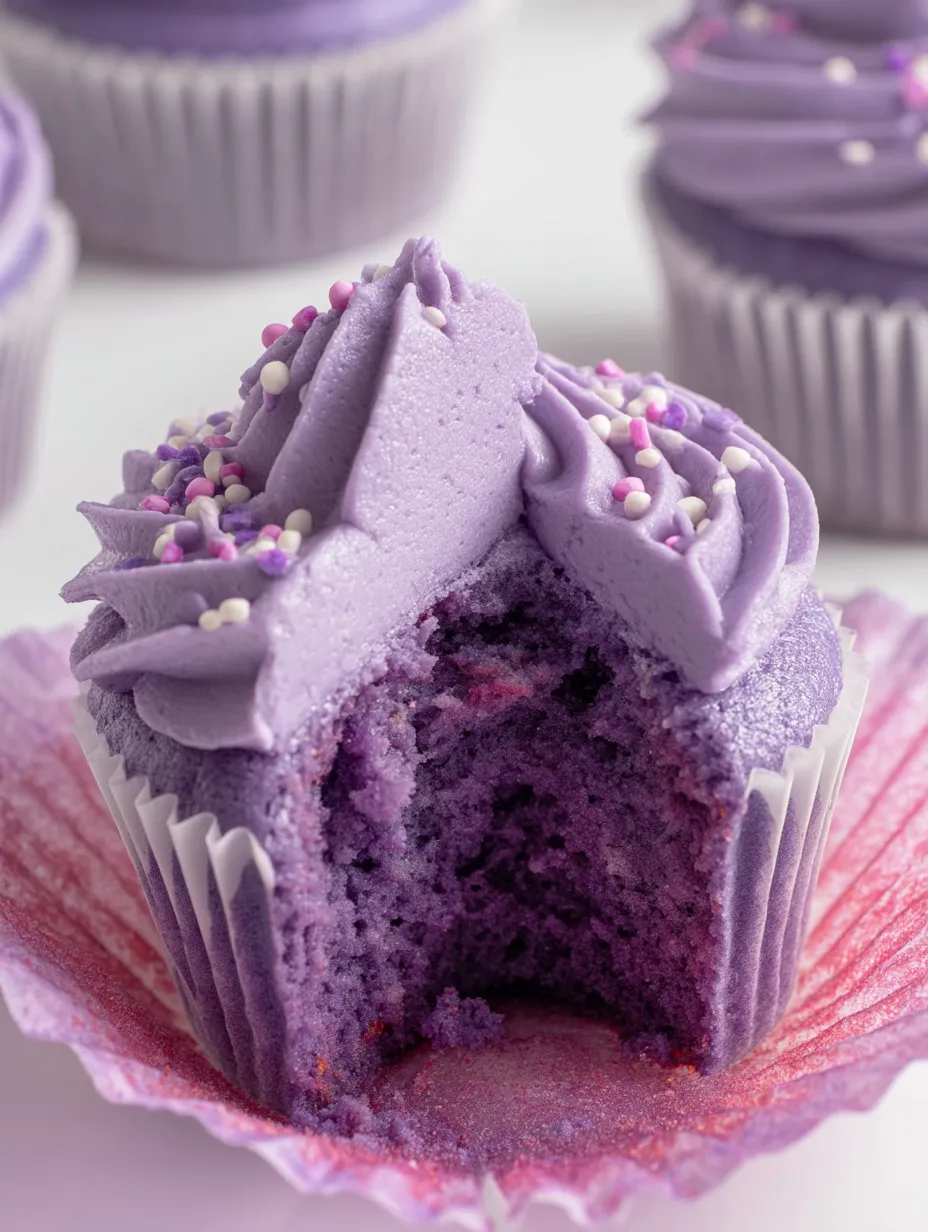 Ein Cupcake mit lila Frosting und rosa Streuseln.