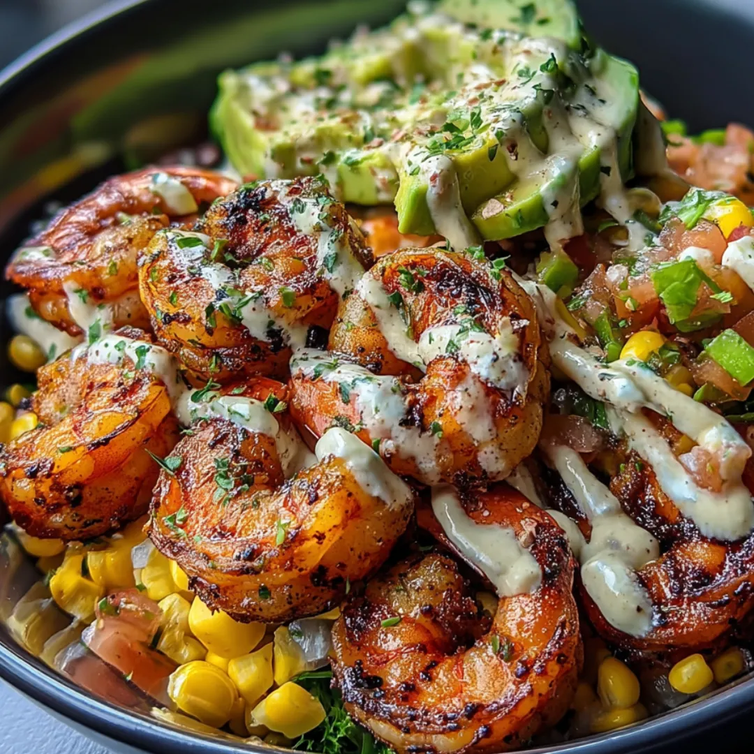 Eine Schale mit Garnelen, Mais und Avocado.