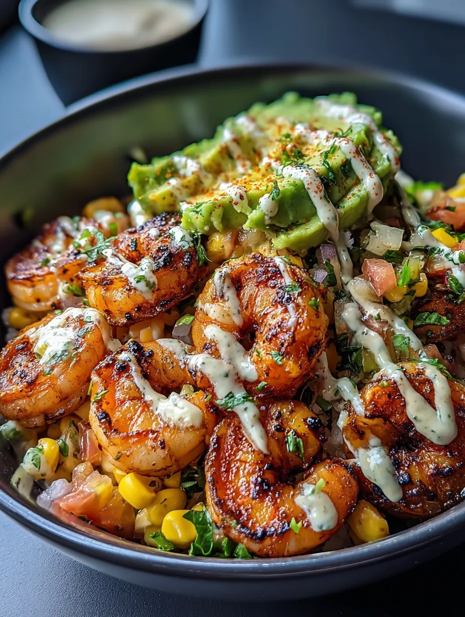 Eine Schüssel mit Essen mit Garnelen, Avocado und saurer Sahne.