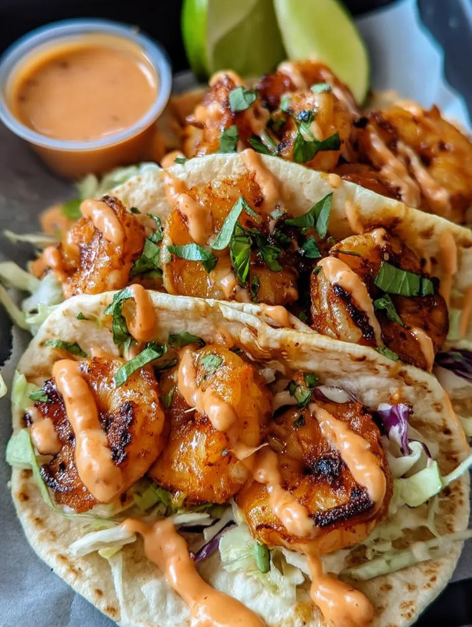 Ein Teller mit Garnelen-Tacos und Sauce als Beilage.