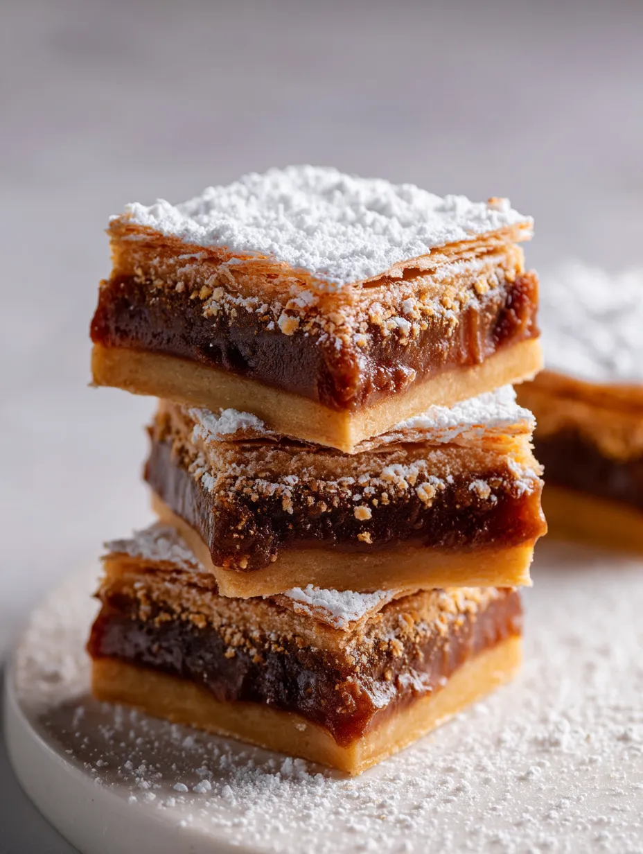 Ein Stapel von drei Dessertstücken mit Puderzucker obendrauf.