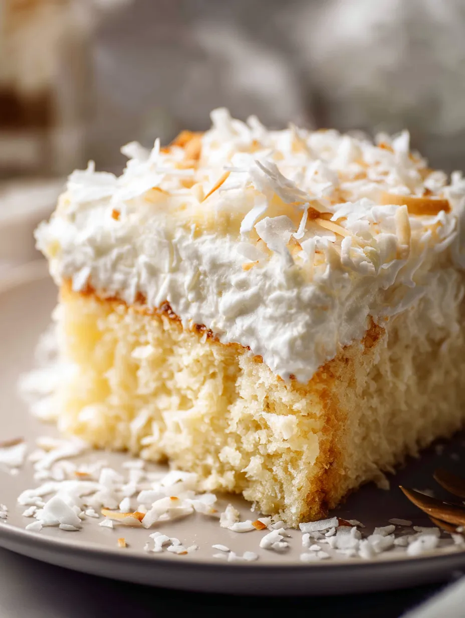 Ein Stück Kuchen mit weißer Glasur und Kokosraspeln obendrauf.