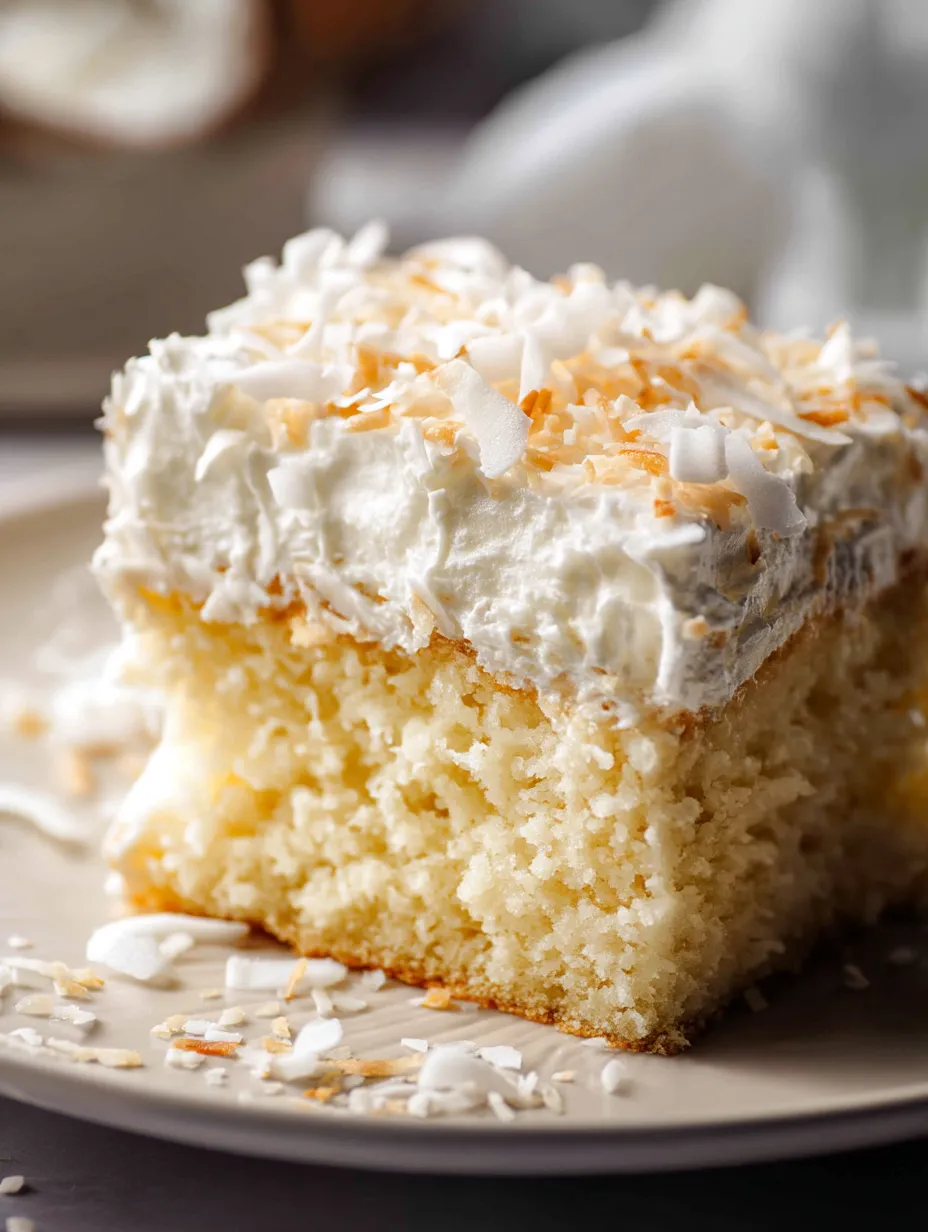 Ein Stück Kuchen mit weißer Glasur und Kokosraspeln obendrauf.