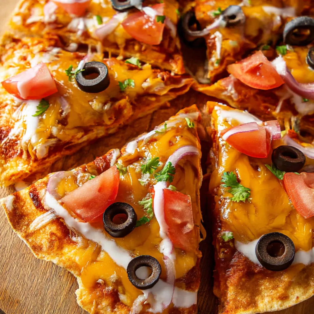 Eine Pizza mit Tomaten und Oliven als Topping.