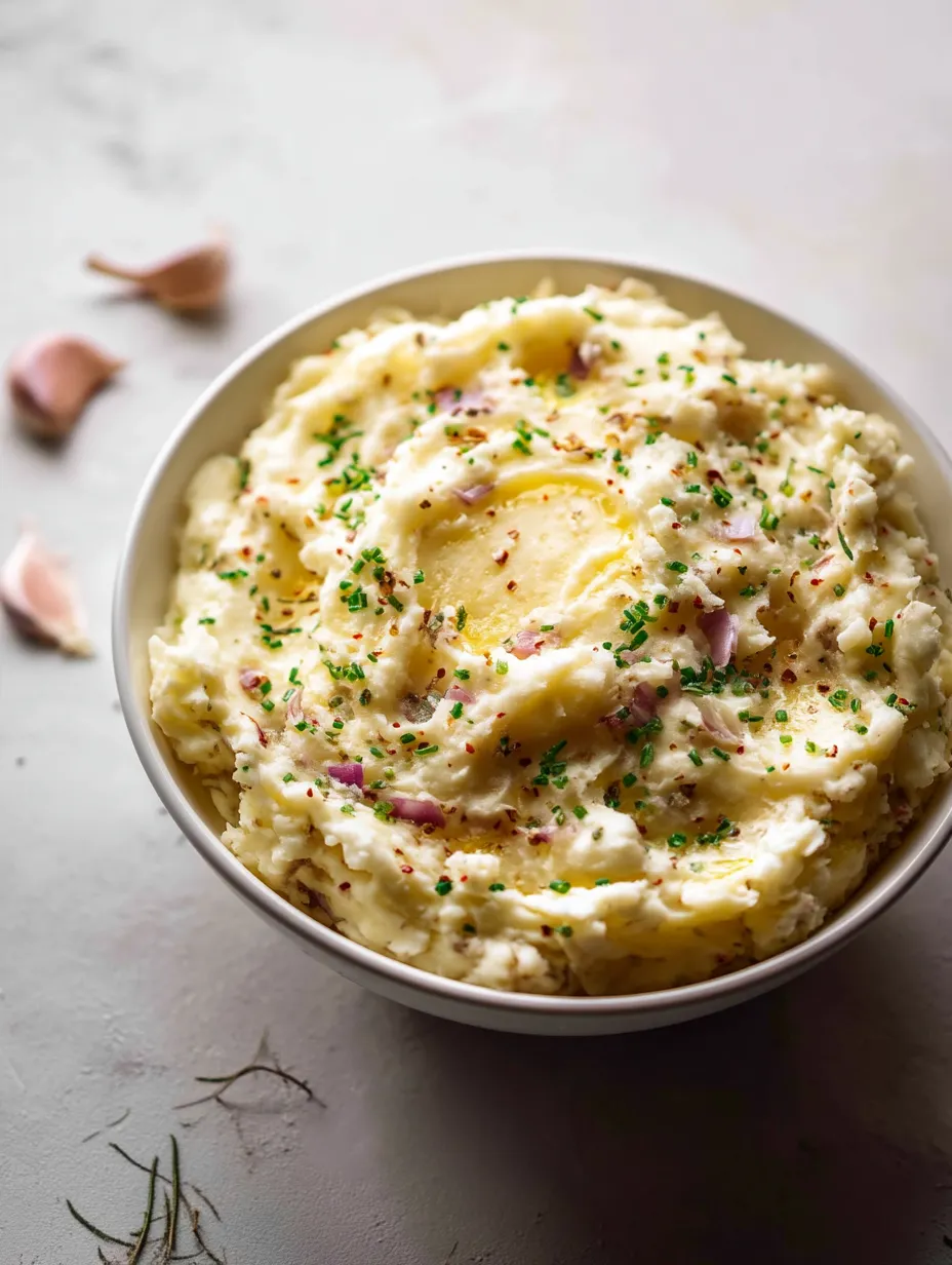 Eine Schüssel Kartoffelpüree mit grünen Kräutern.