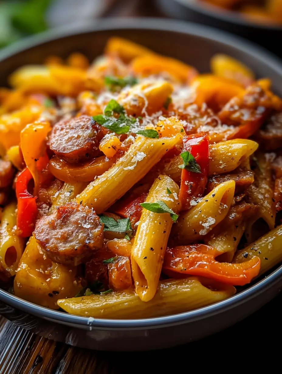 Eine Schüssel Pasta mit Wurst und Paprika.