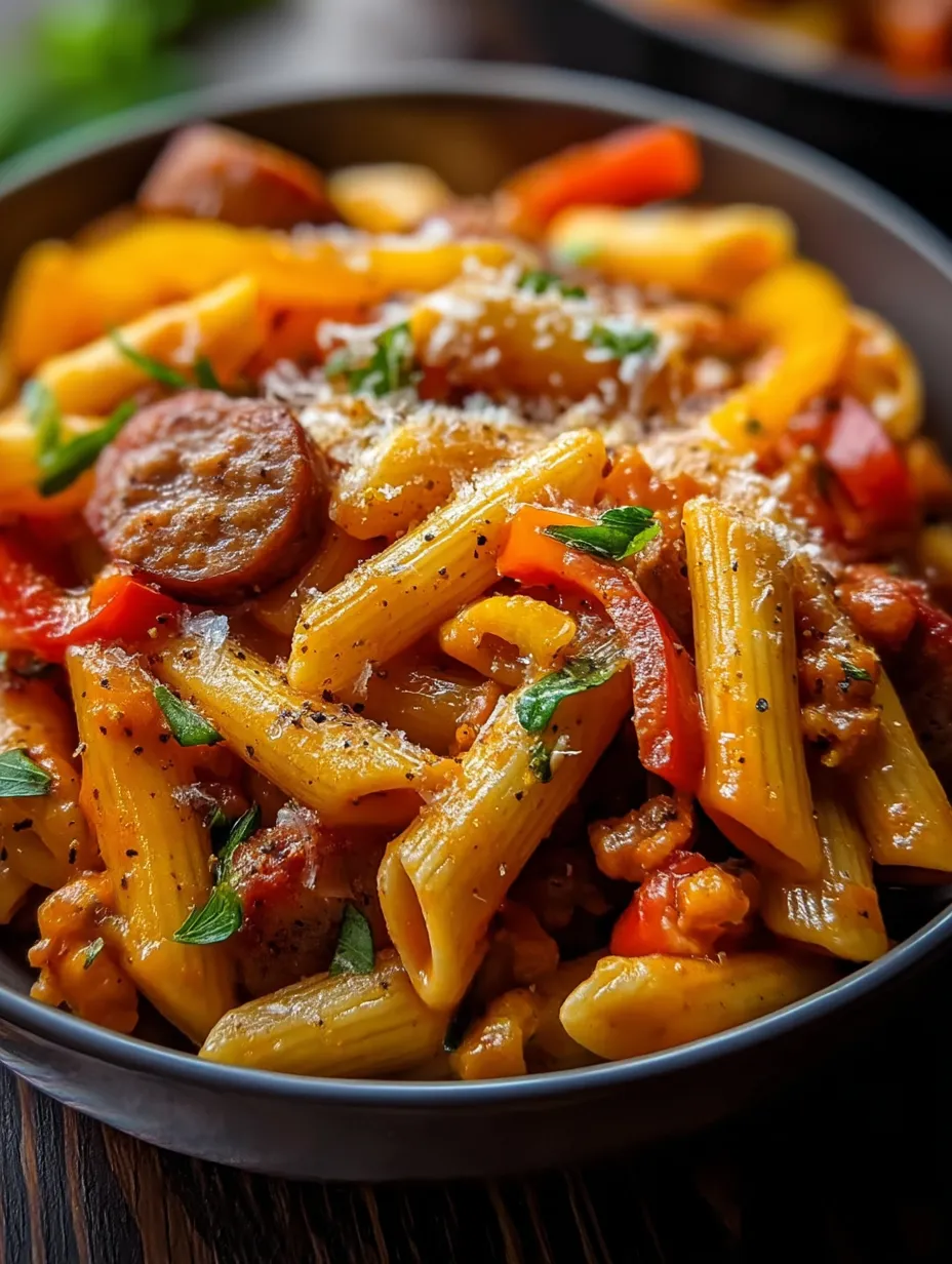 Eine Schüssel Pasta mit Wurst und Paprika.