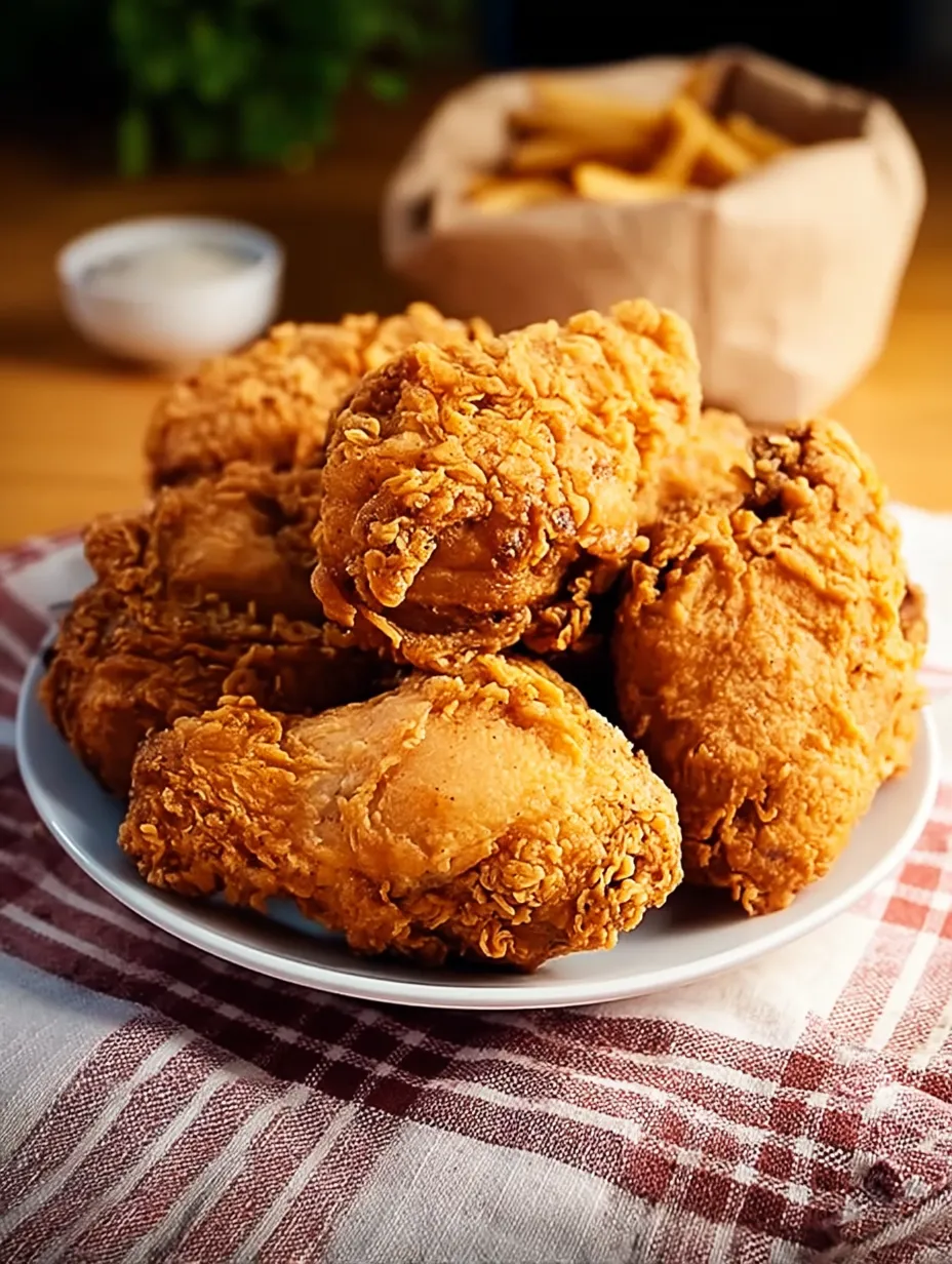 Ein Teller mit Brathähnchen und Pommes als Beilage.