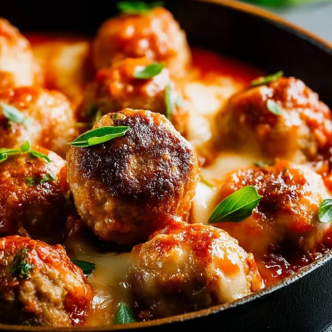 Eine Schüssel mit Bällchen in Tomatensoße.