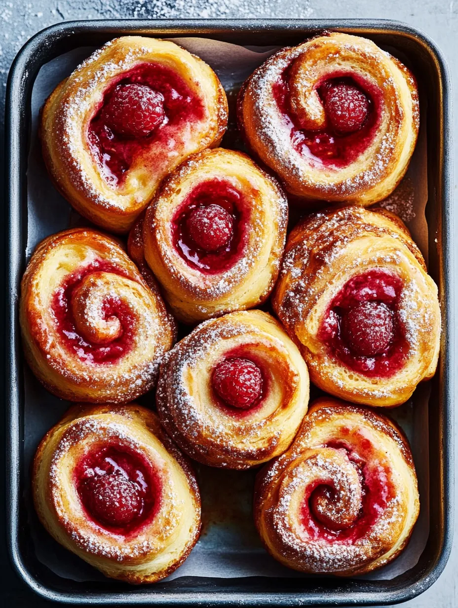 Eine Pfanne mit Gebäck und Himbeeren obendrauf.