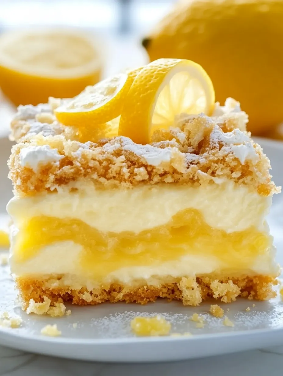 Ein Stück Zitronenkuchen mit Zitronenscheiben als Dekoration.