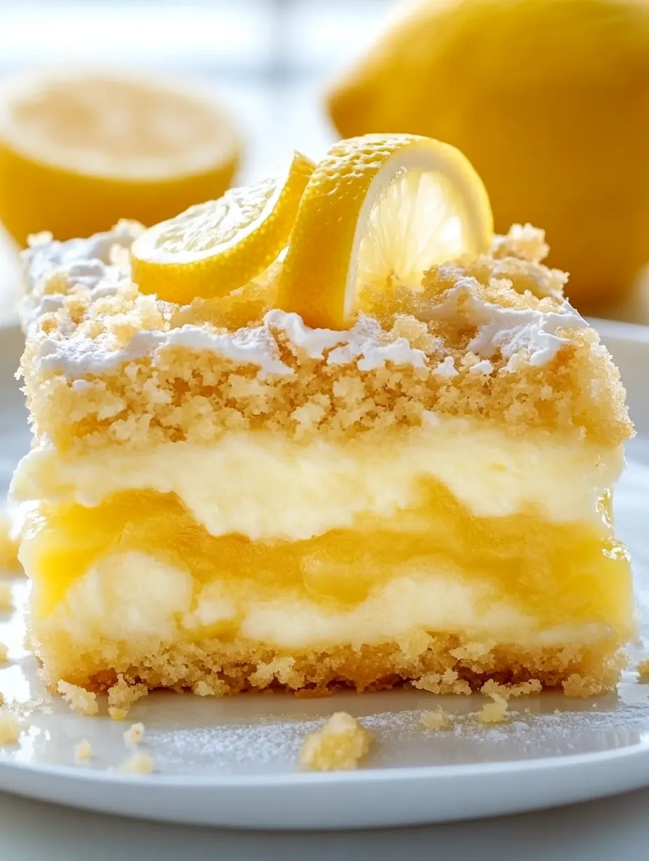 Ein Stück Zitronenkuchen mit einer Zitronenscheibe obendrauf.